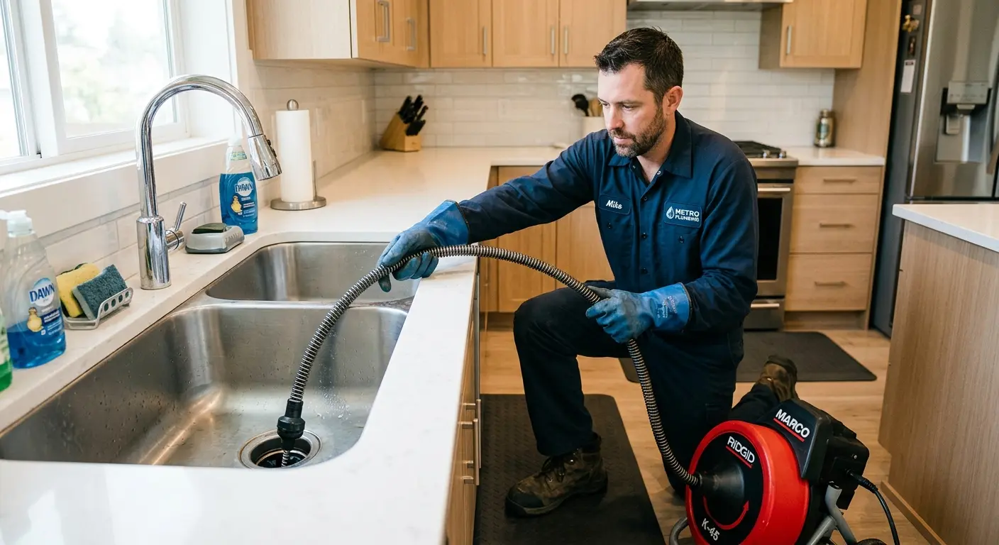 Drain cleaning technician using a motorized snake on a kitchen sink in Kennedale