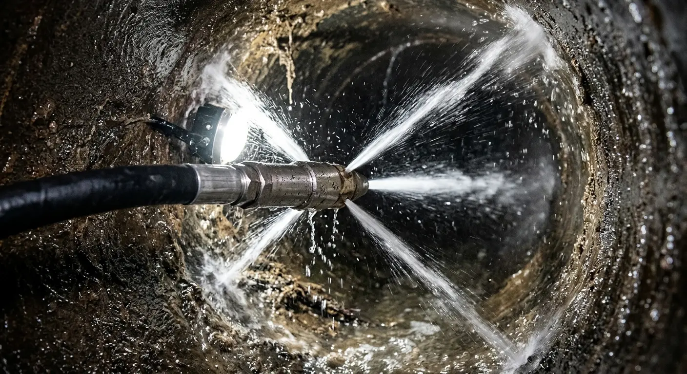 High-pressure hydro jetting nozzle cleaning sewer pipe for Trenchless Sewer Repair in Kennedale