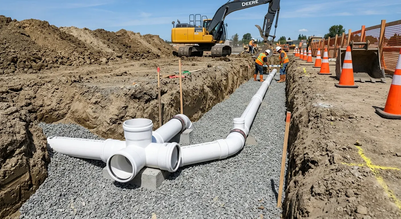 New PVC sewer pipe installation in open trench for Commercial Drain Cleaning in Kennedale